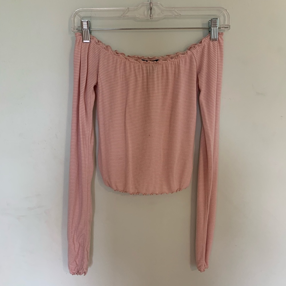 pink and white striped off the shoulder shirt